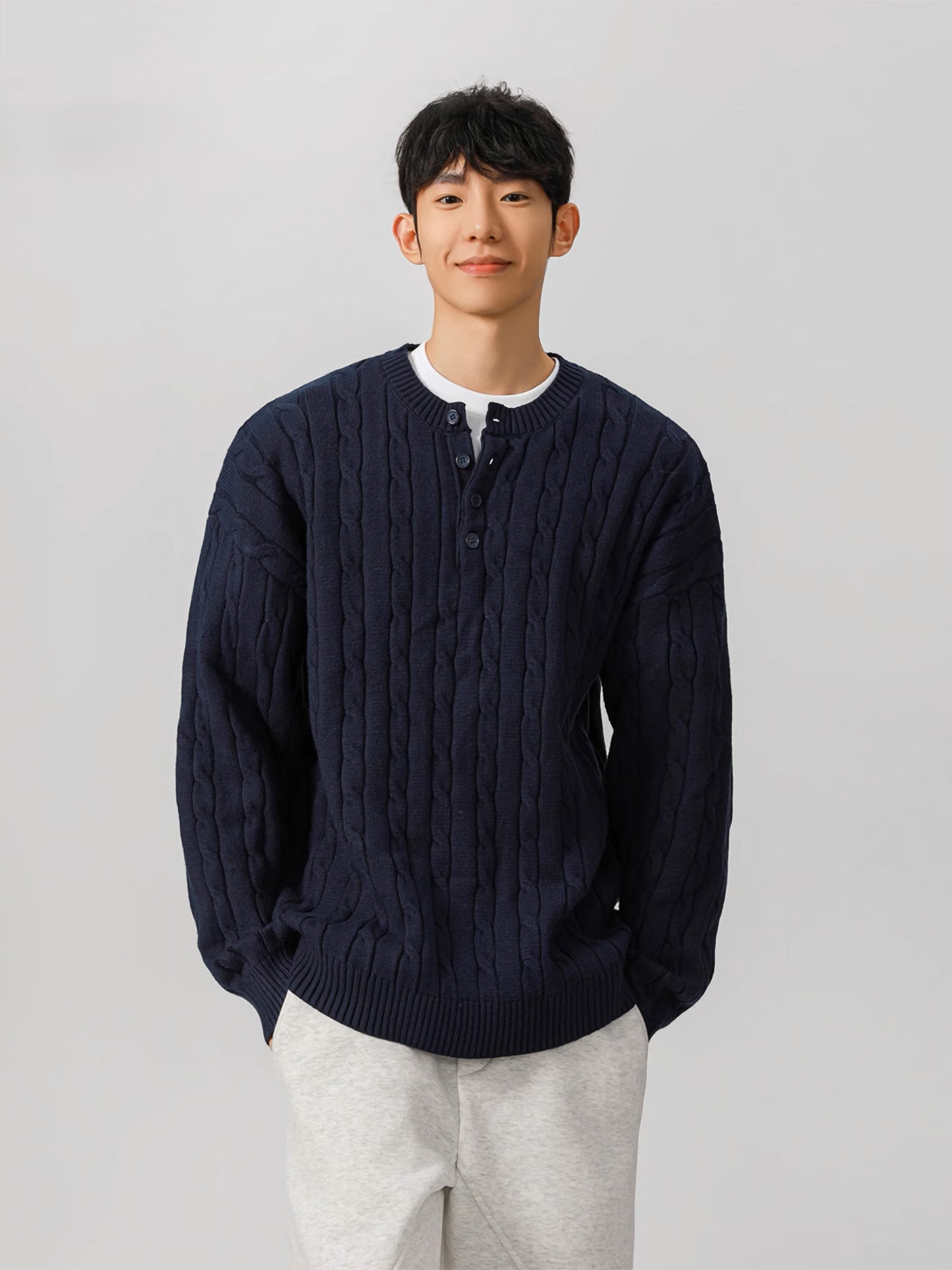 Casual Cable-Knit Thick Henley Button Collar Sweater