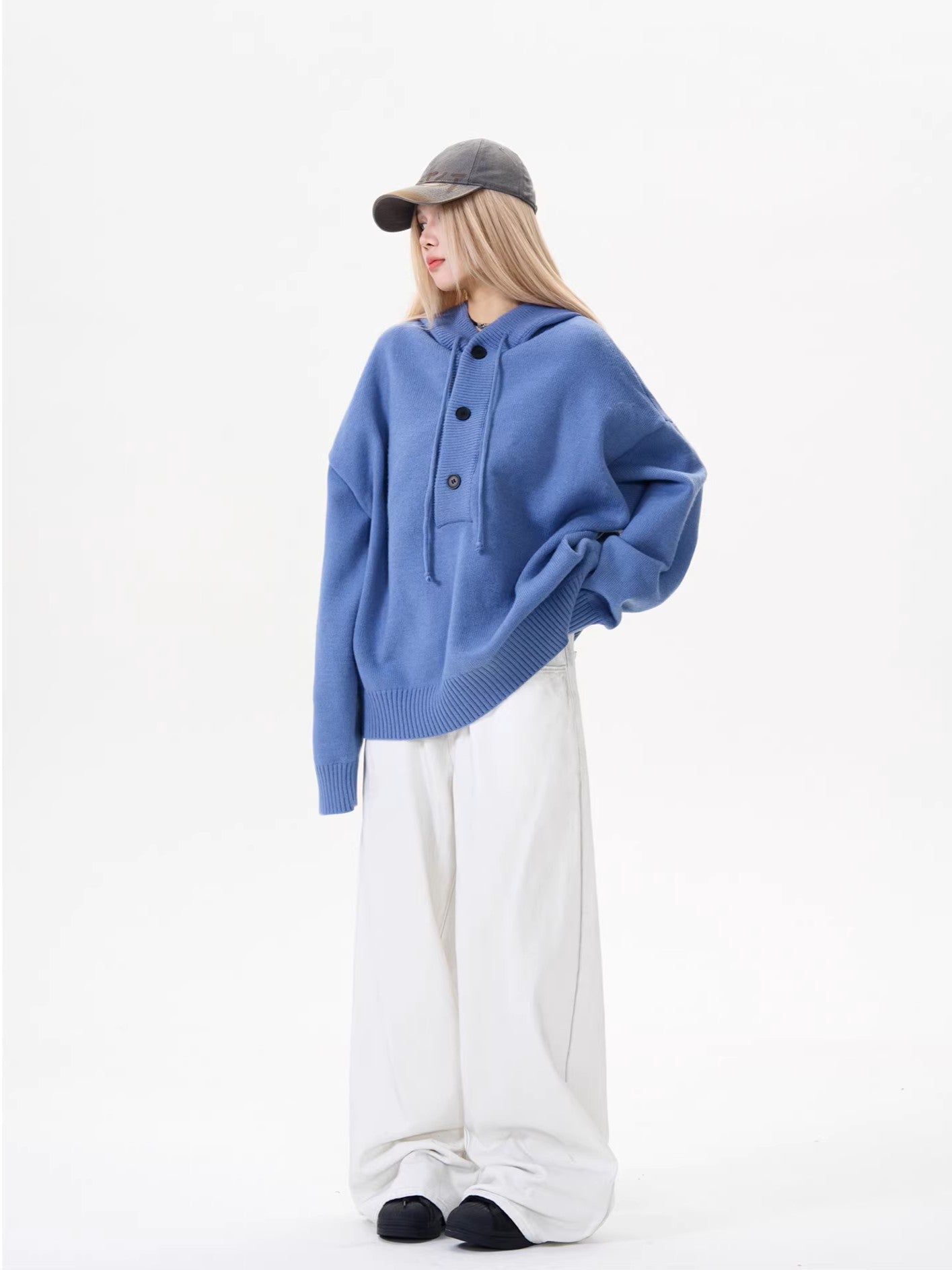 Unisex Half Cardigan Button-Down Hooded Sweater