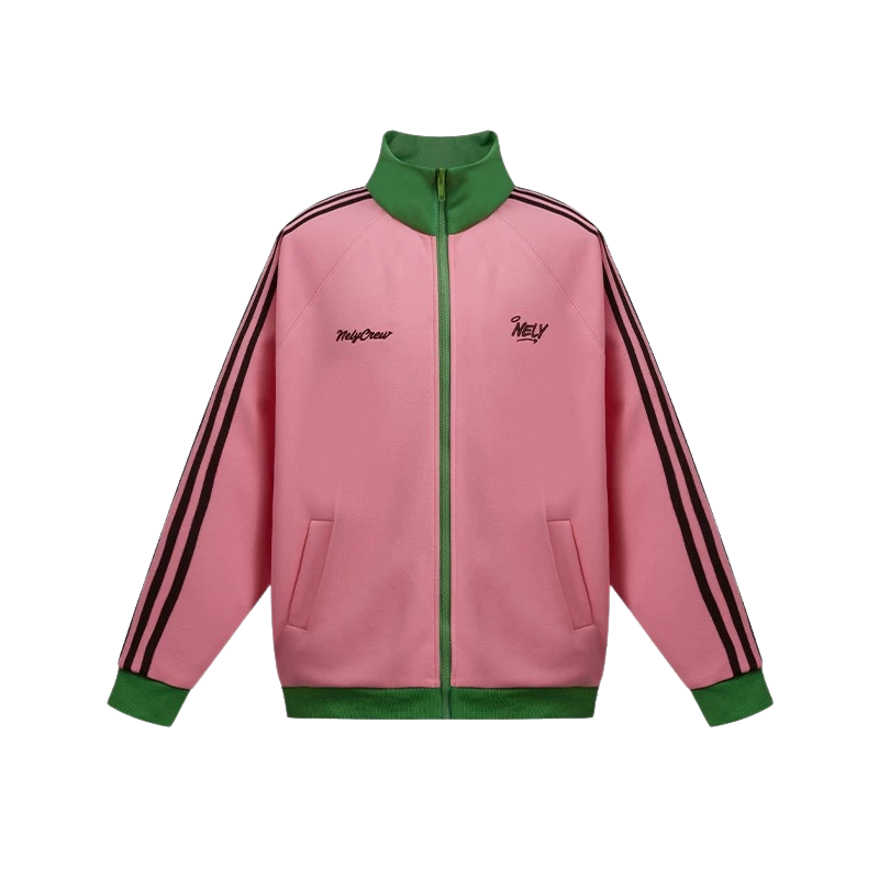 Stitched Striped Stand Up Collar Casual Zipper Jacket
