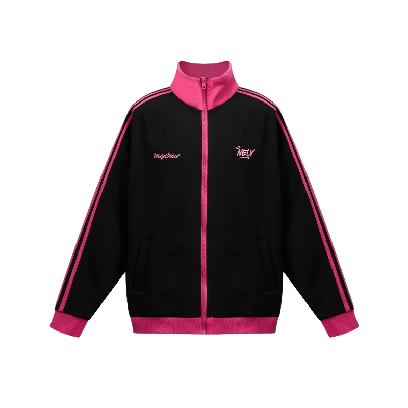 Stitched Striped Stand Up Collar Casual Zipper Jacket
