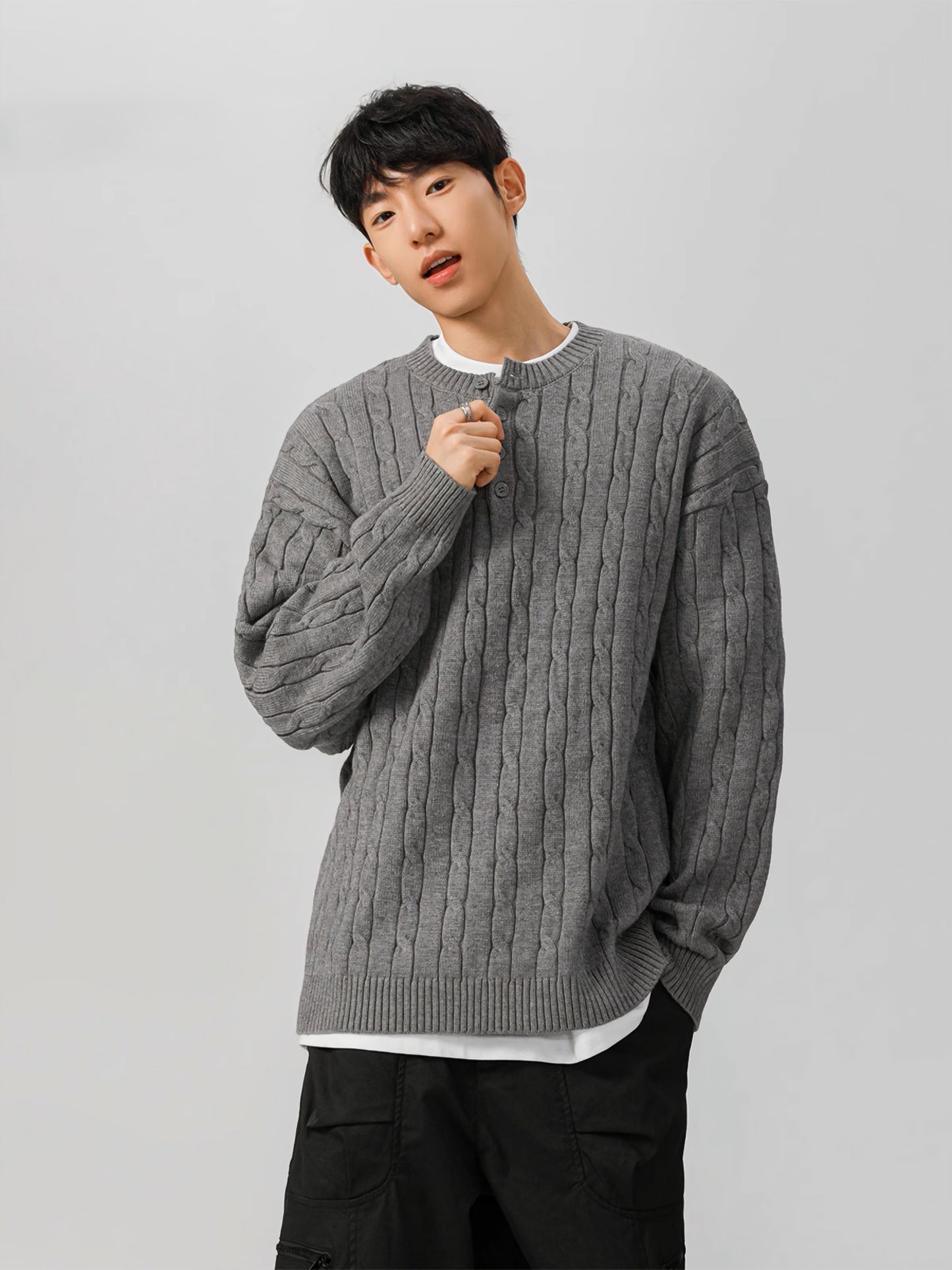 Casual Cable-Knit Thick Henley Button Collar Sweater