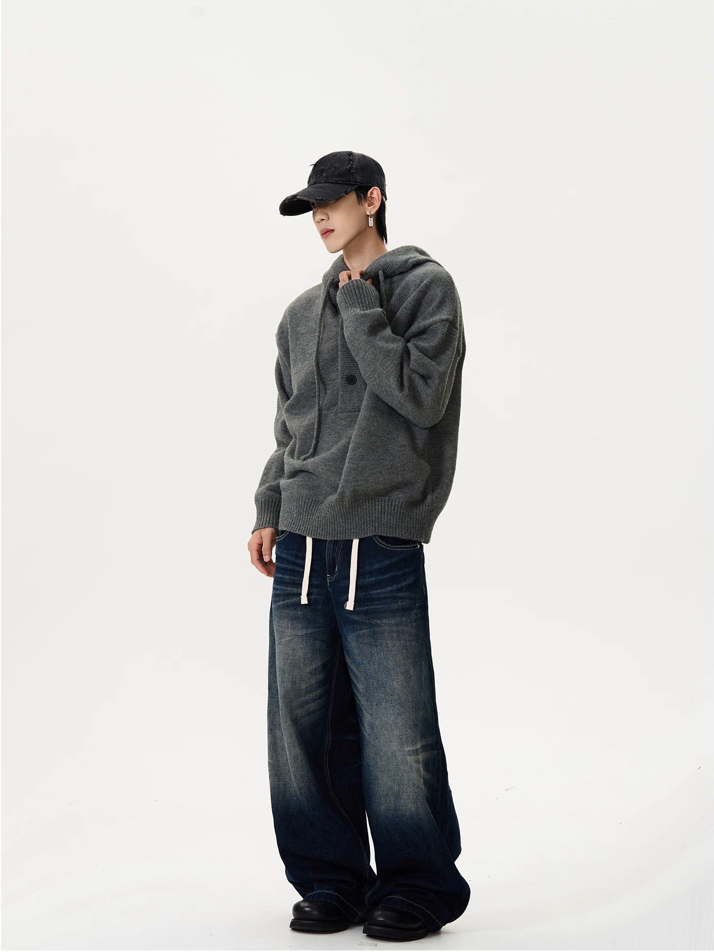 Unisex Half Cardigan Button-Down Hooded Sweater