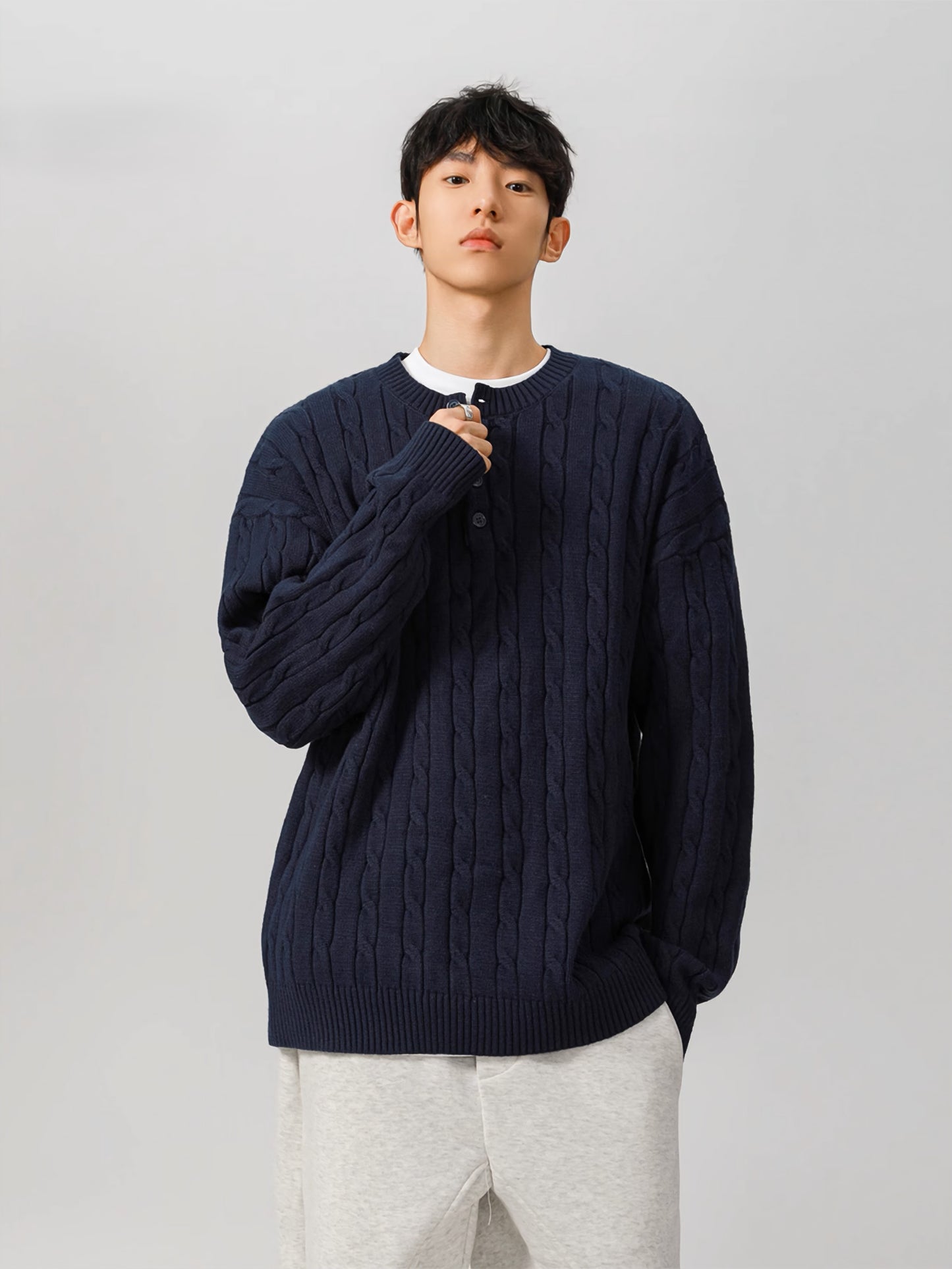 Casual Cable-Knit Thick Henley Button Collar Sweater