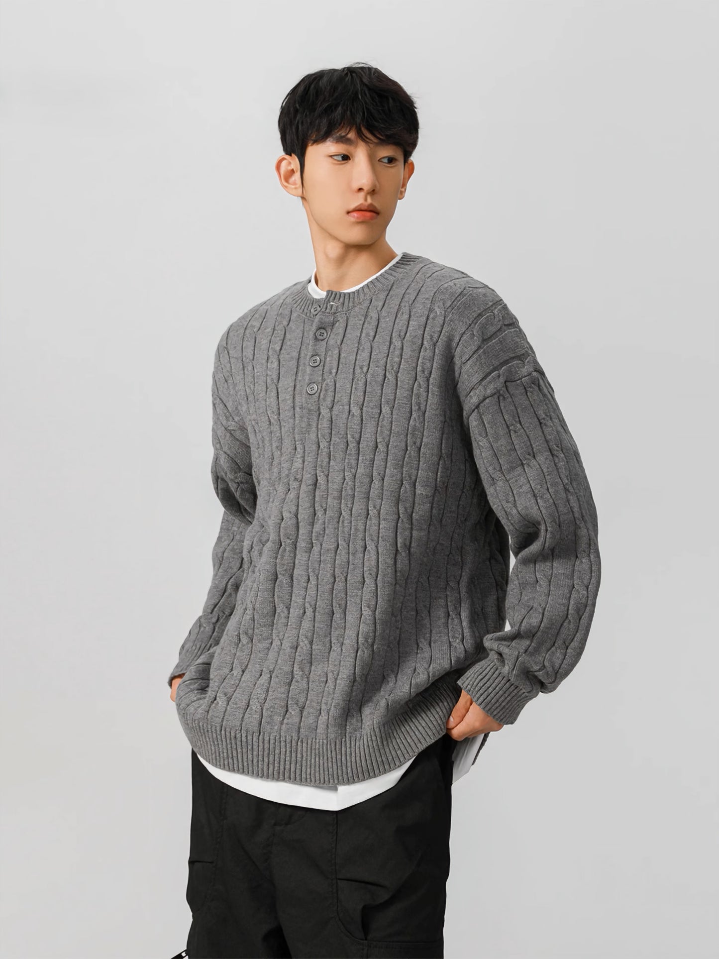 Casual Cable-Knit Thick Henley Button Collar Sweater