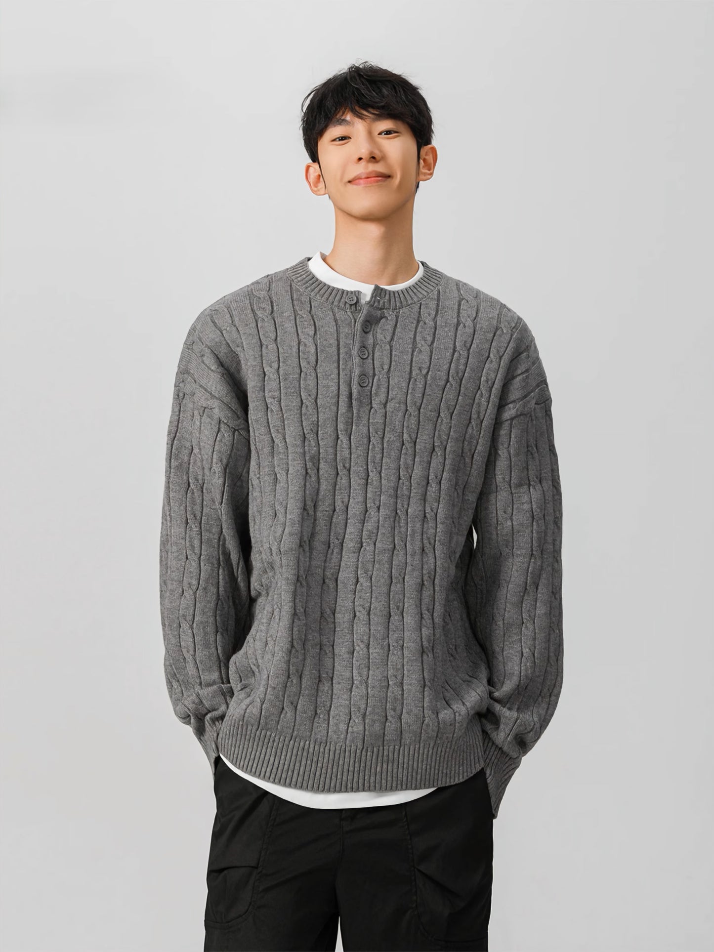 Casual Cable-Knit Thick Henley Button Collar Sweater