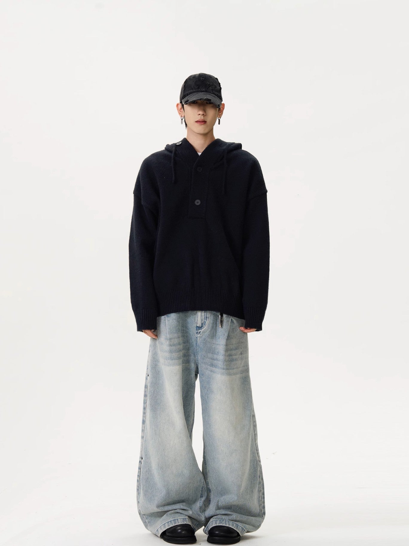 Unisex Half Cardigan Button-Down Hooded Sweater
