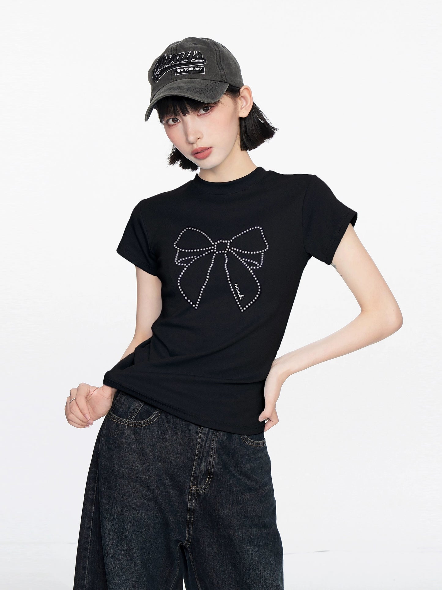 Large Bow Basic Black Tee