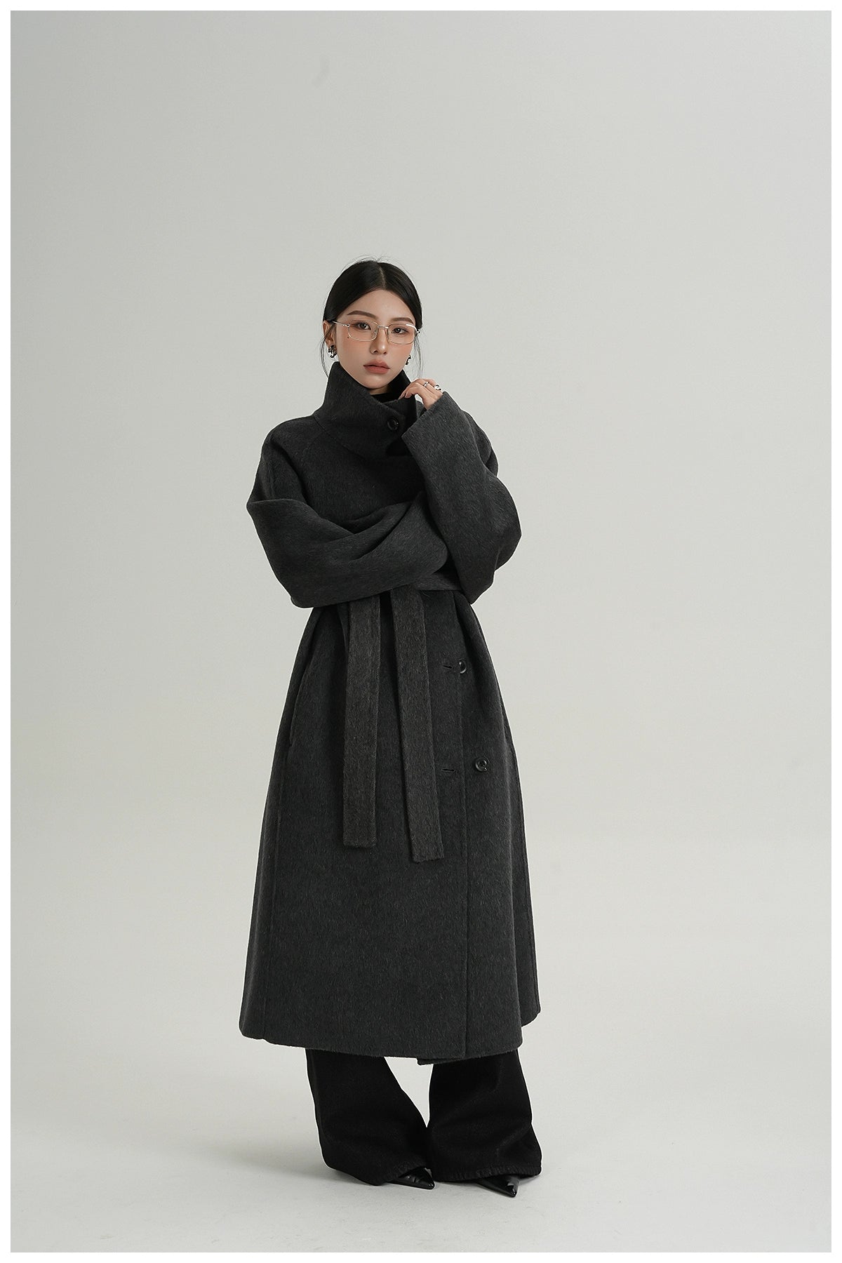 Premium Temperament Stand Collar Grey Long Coat