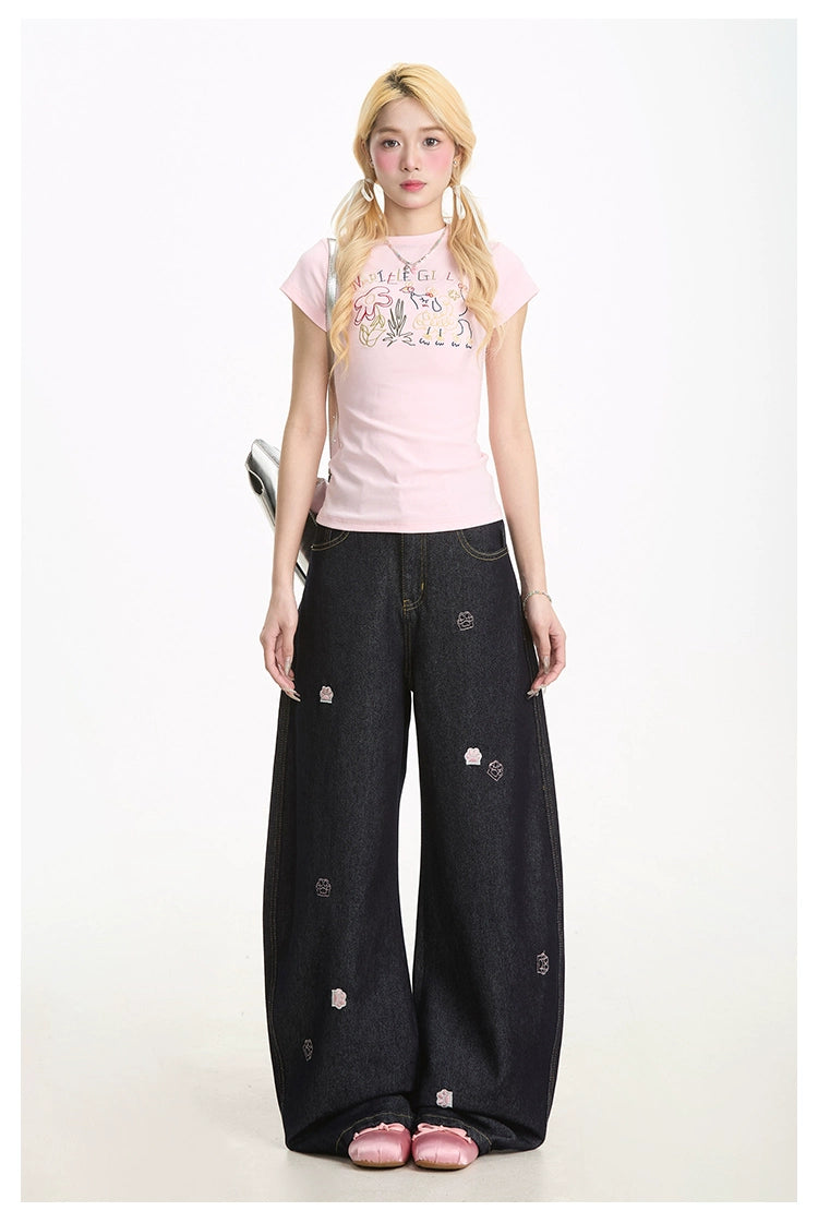 Cat's Paw Embroidered Loose Jeans