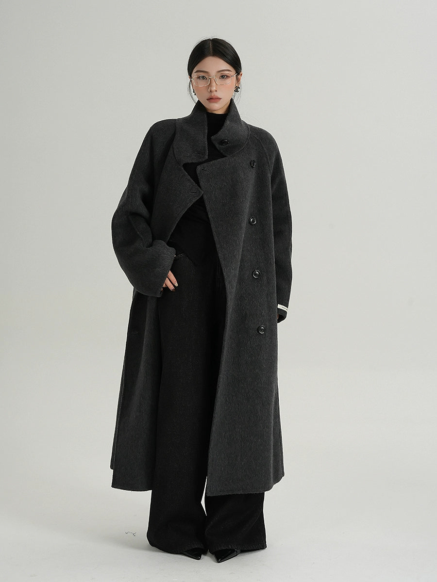 Premium Temperament Stand Collar Grey Long Coat