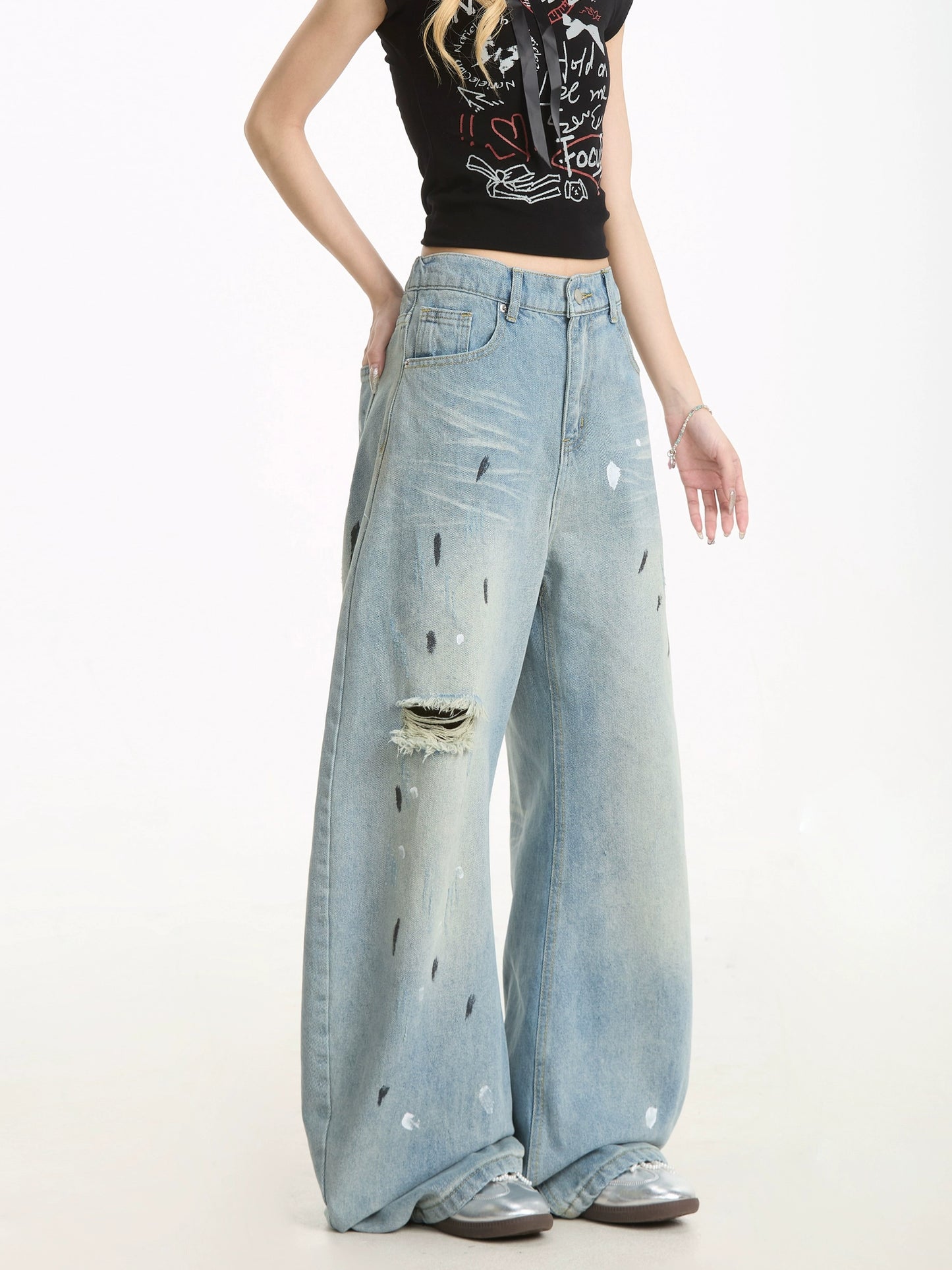 Ink-Splashed Ripped Jeans