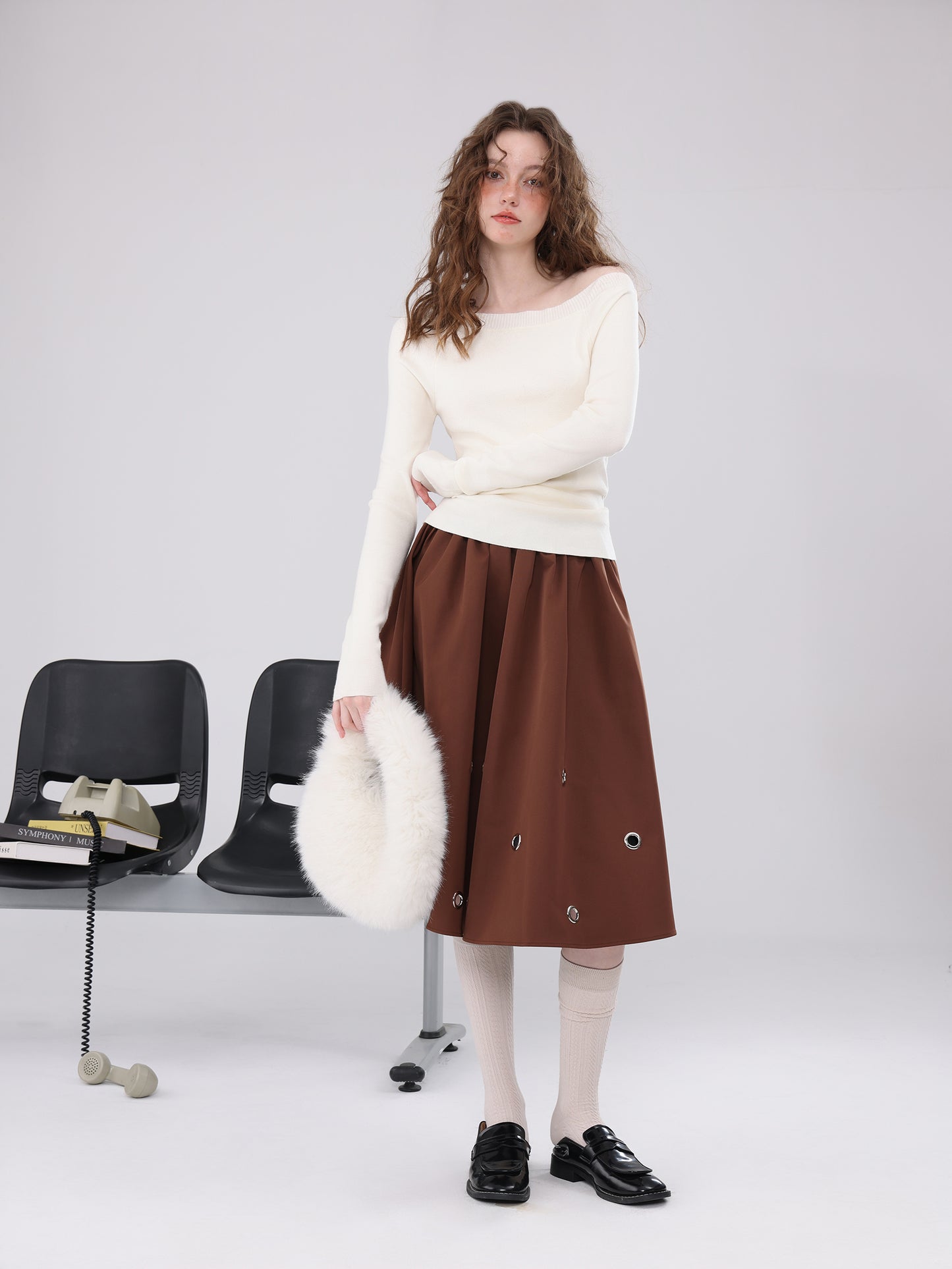Slant Shoulder Long Sleeve Knit Sweater