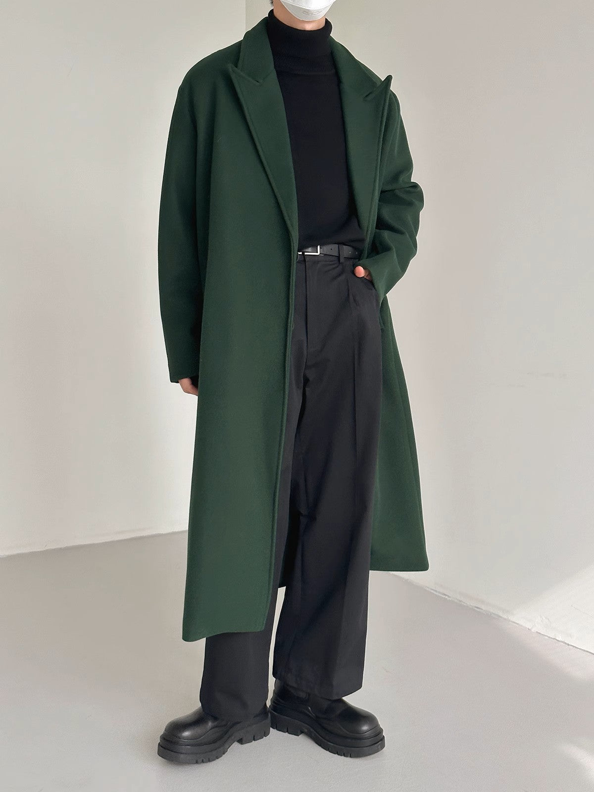 Green Woolen Single Breasted Trench Coat