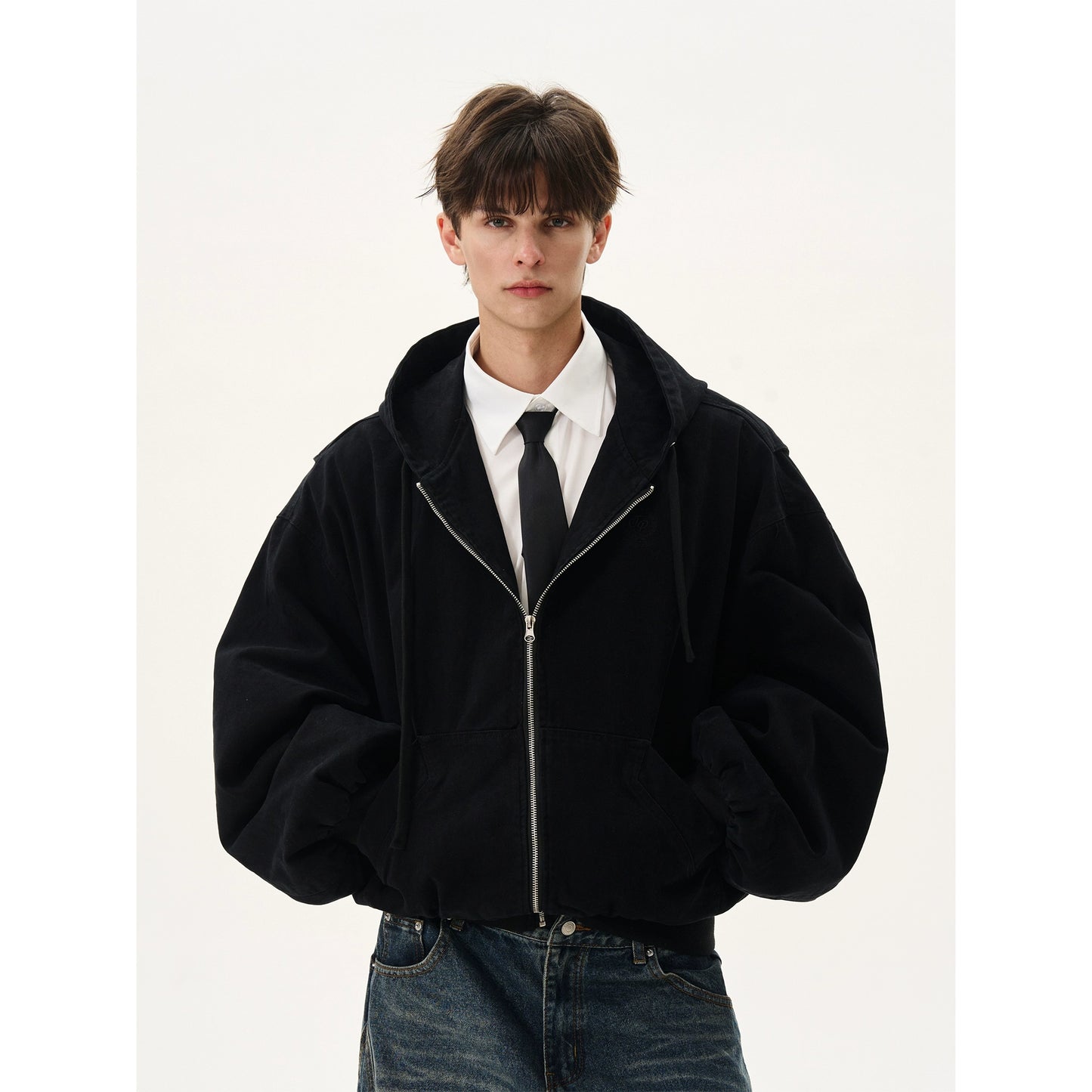 Silhouette Short Casual Boxy Washed Zip-Up Hoodie