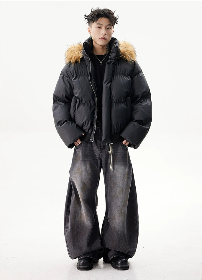 Soft PU Veneer Puffer Jacket Detachable Hood