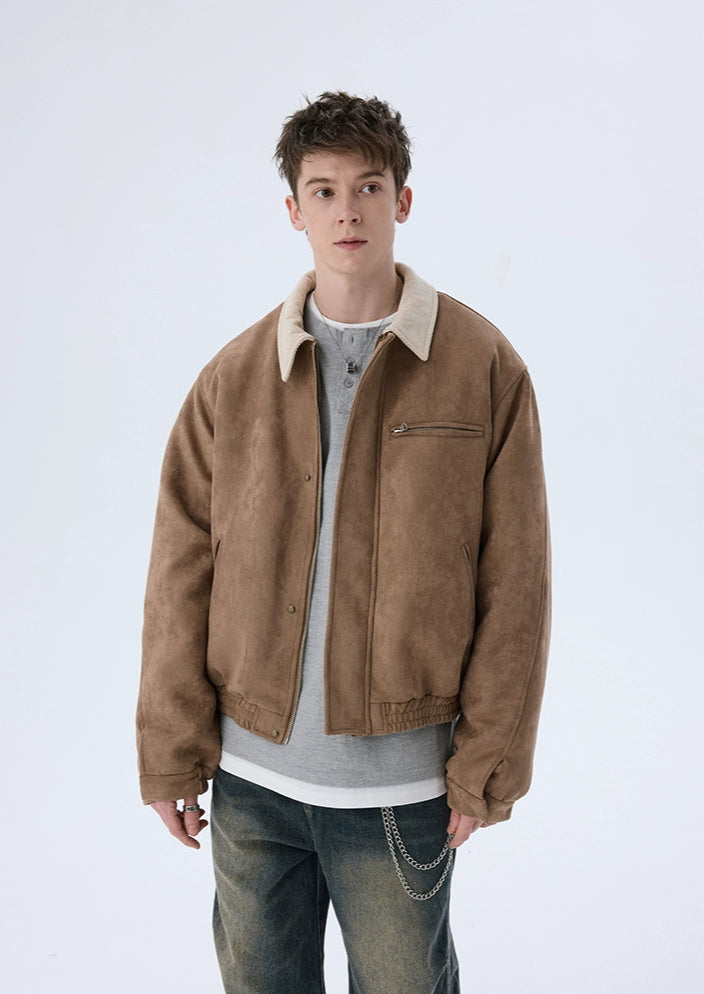 Short Solid Lapel Suede Jacket