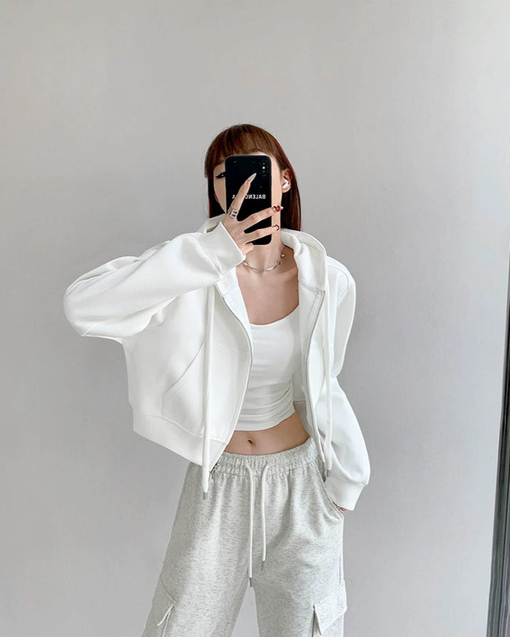 Casual Crop Top Zipper Hooded Jacket