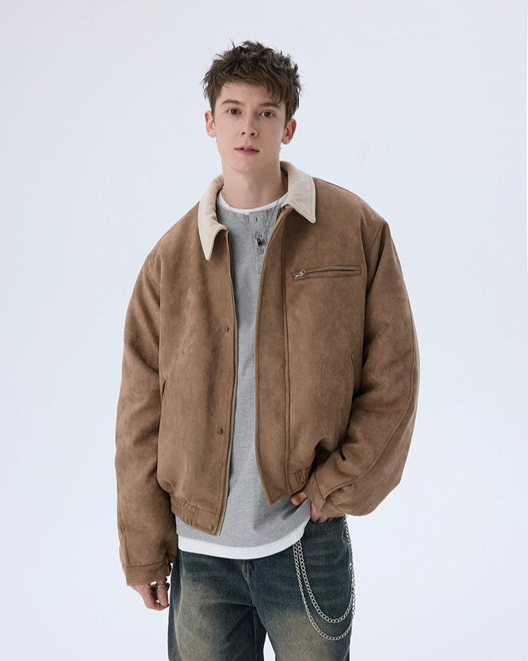 Short Solid Lapel Suede Jacket