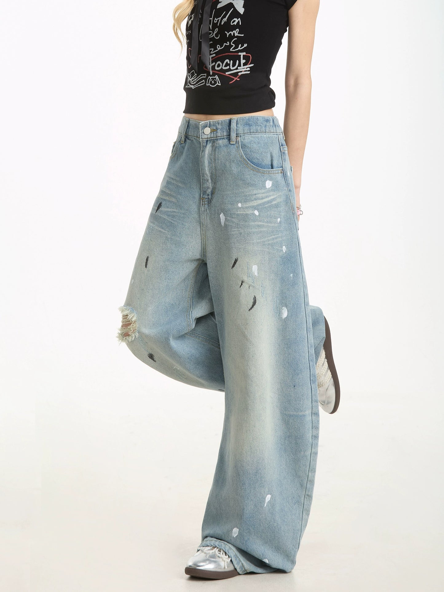 Ink-Splashed Ripped Jeans
