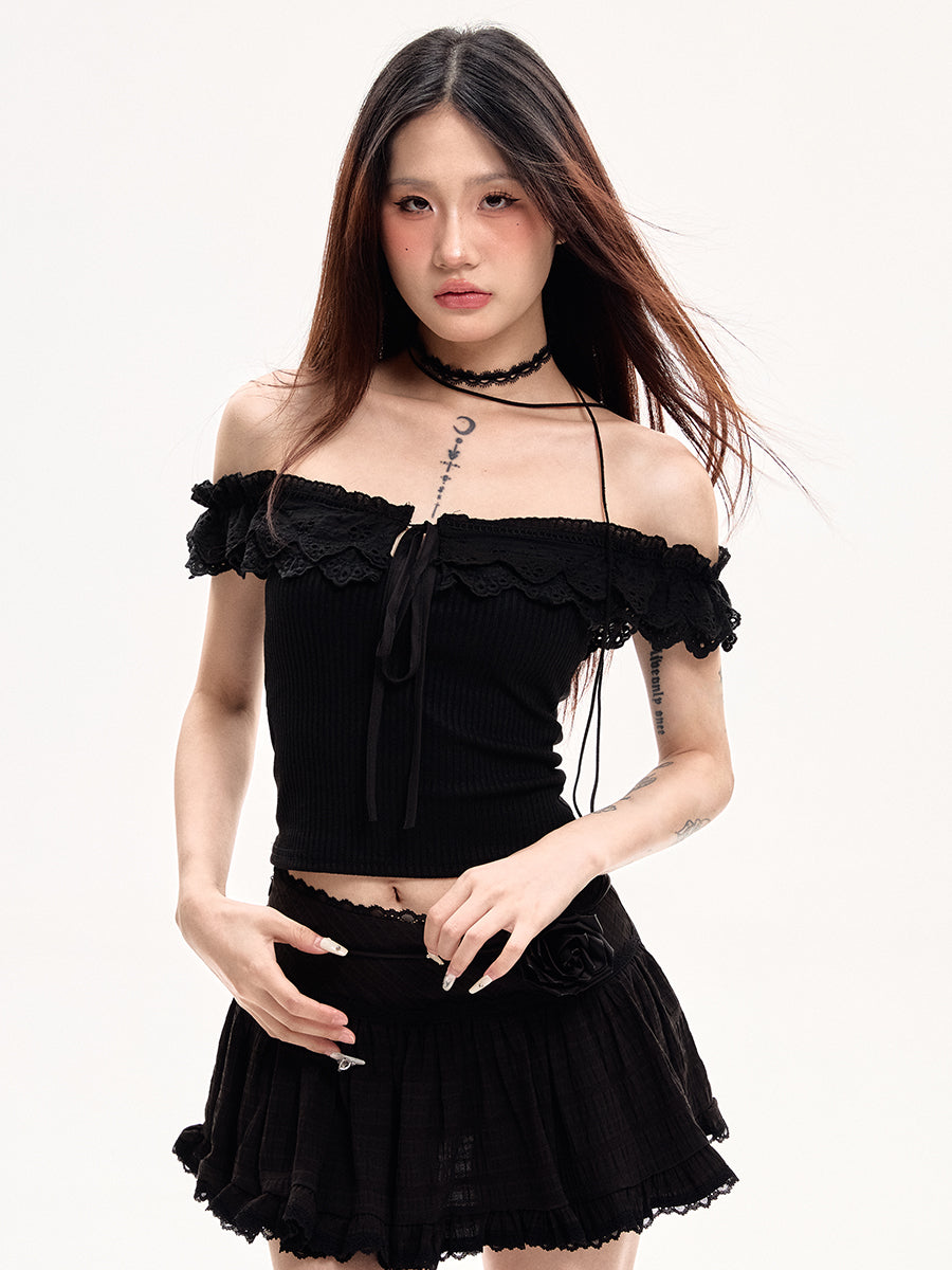 Black Straight Shoulder Short Sleeve Top