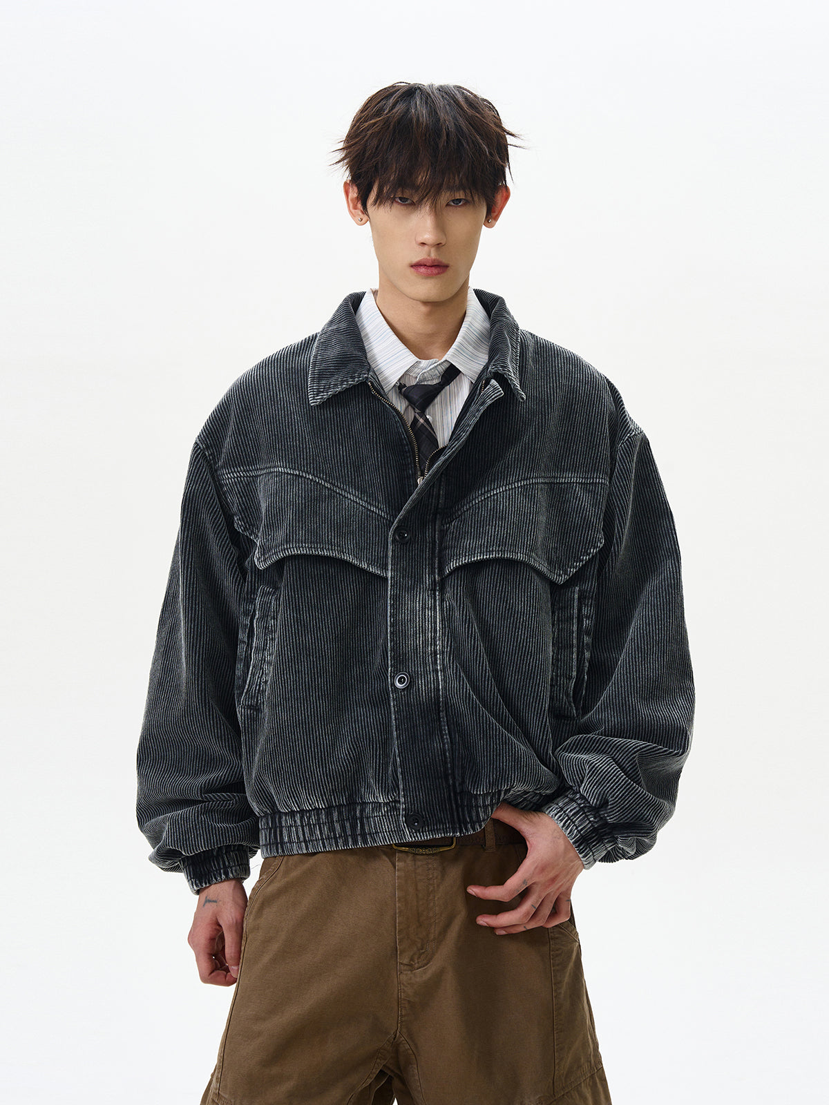 Deconstructed Washed Textured Zip-Up Jacket