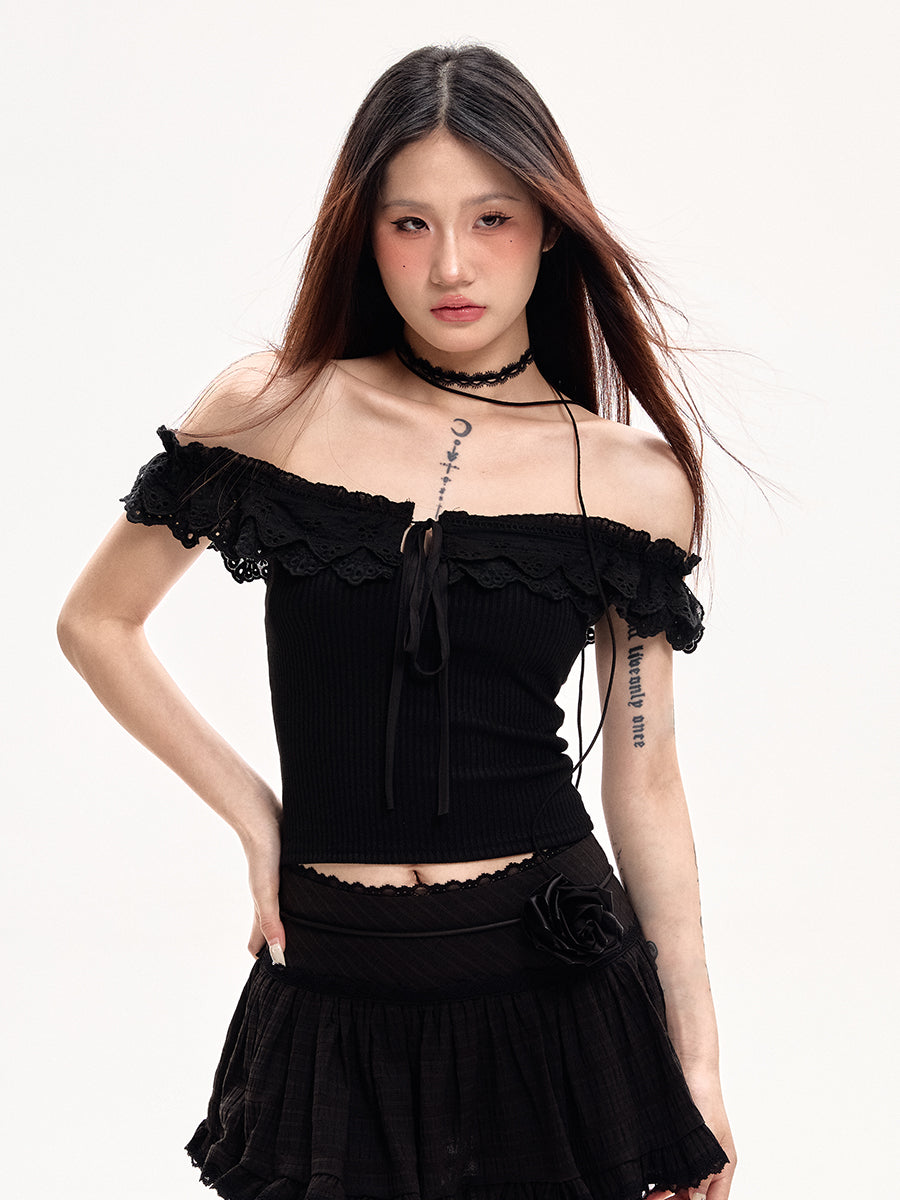 Black Straight Shoulder Short Sleeve Top