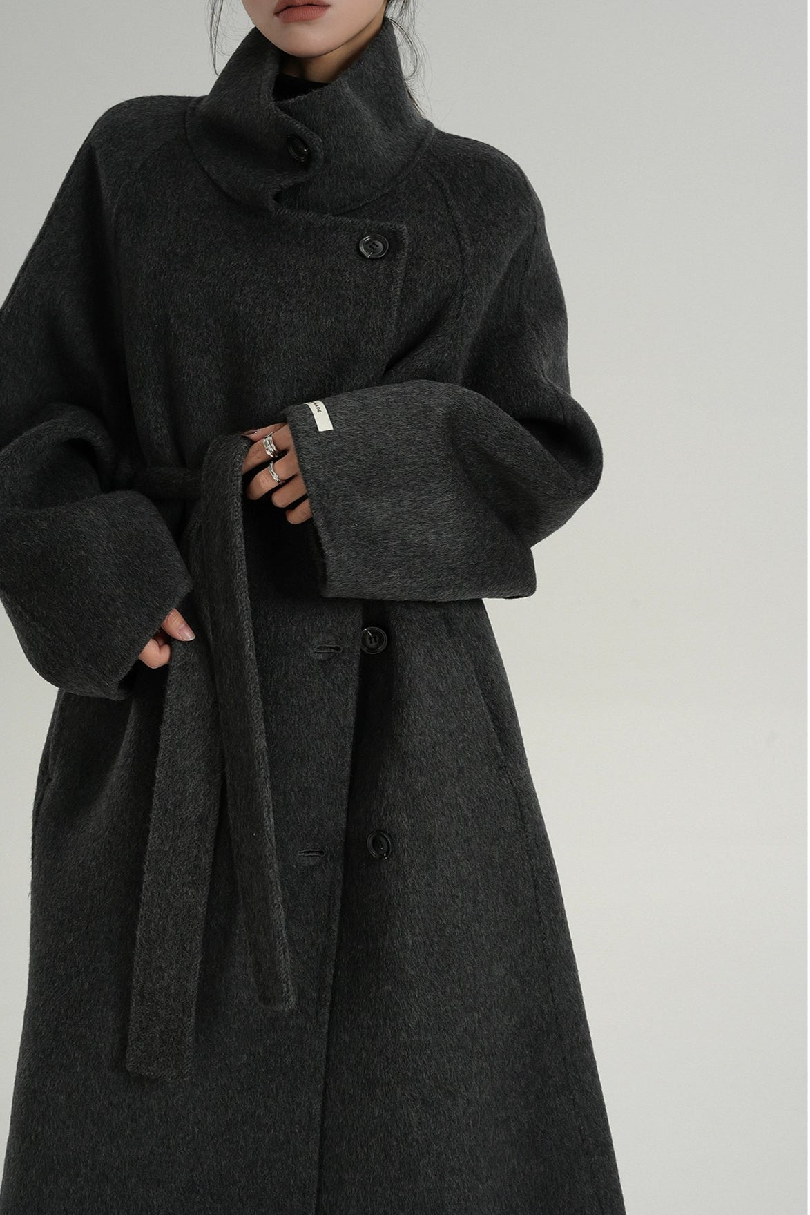 Premium Temperament Stand Collar Grey Long Coat