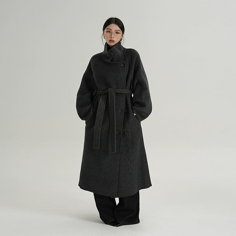 Premium Temperament Stand Collar Grey Long Coat