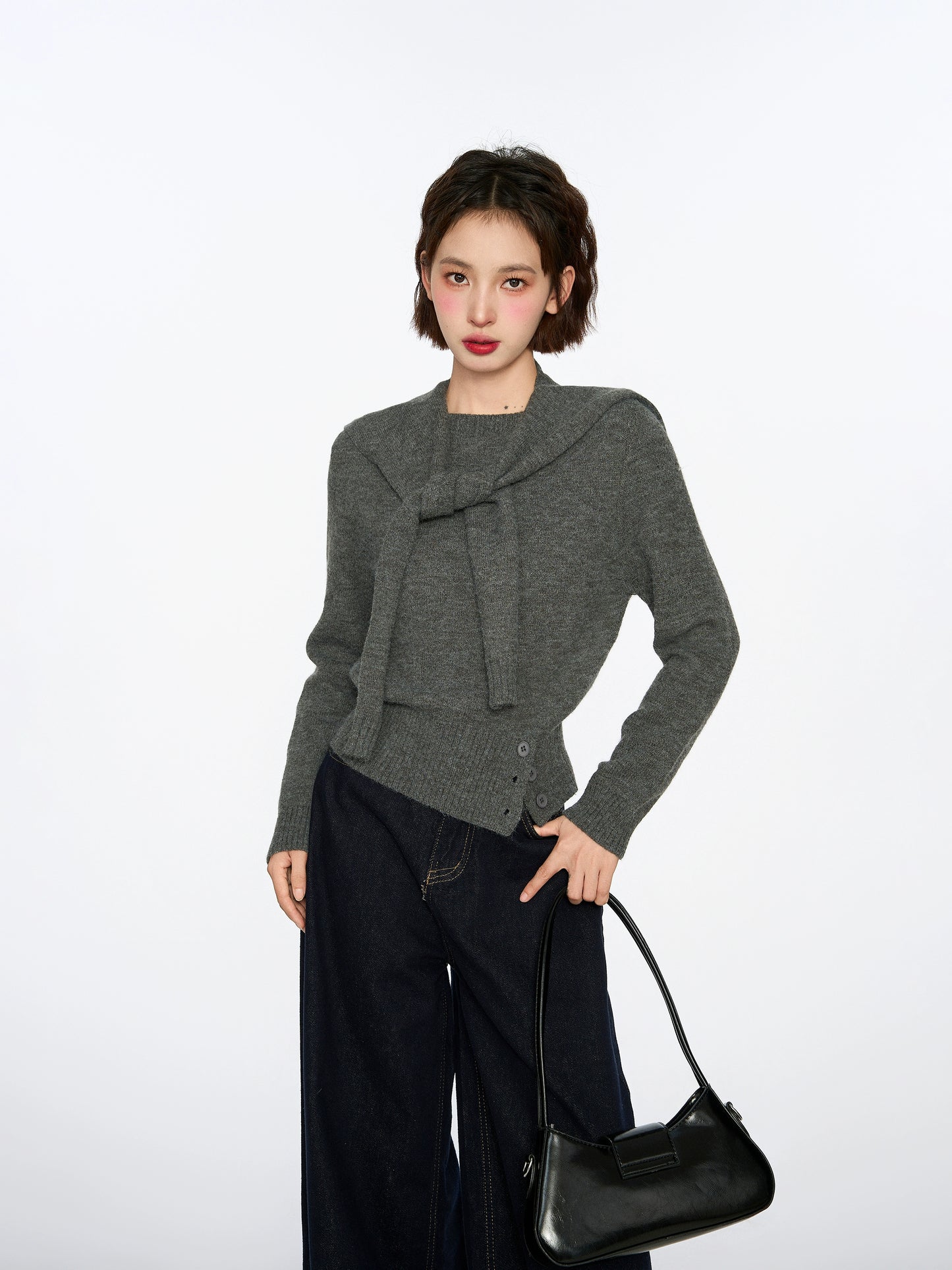 Grey Shoulder Pullover Long-sleeved Sweater