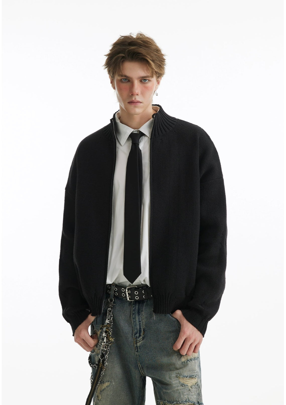 Retro Cardigan Zipper Sweater Half-Neck Knit Jacket