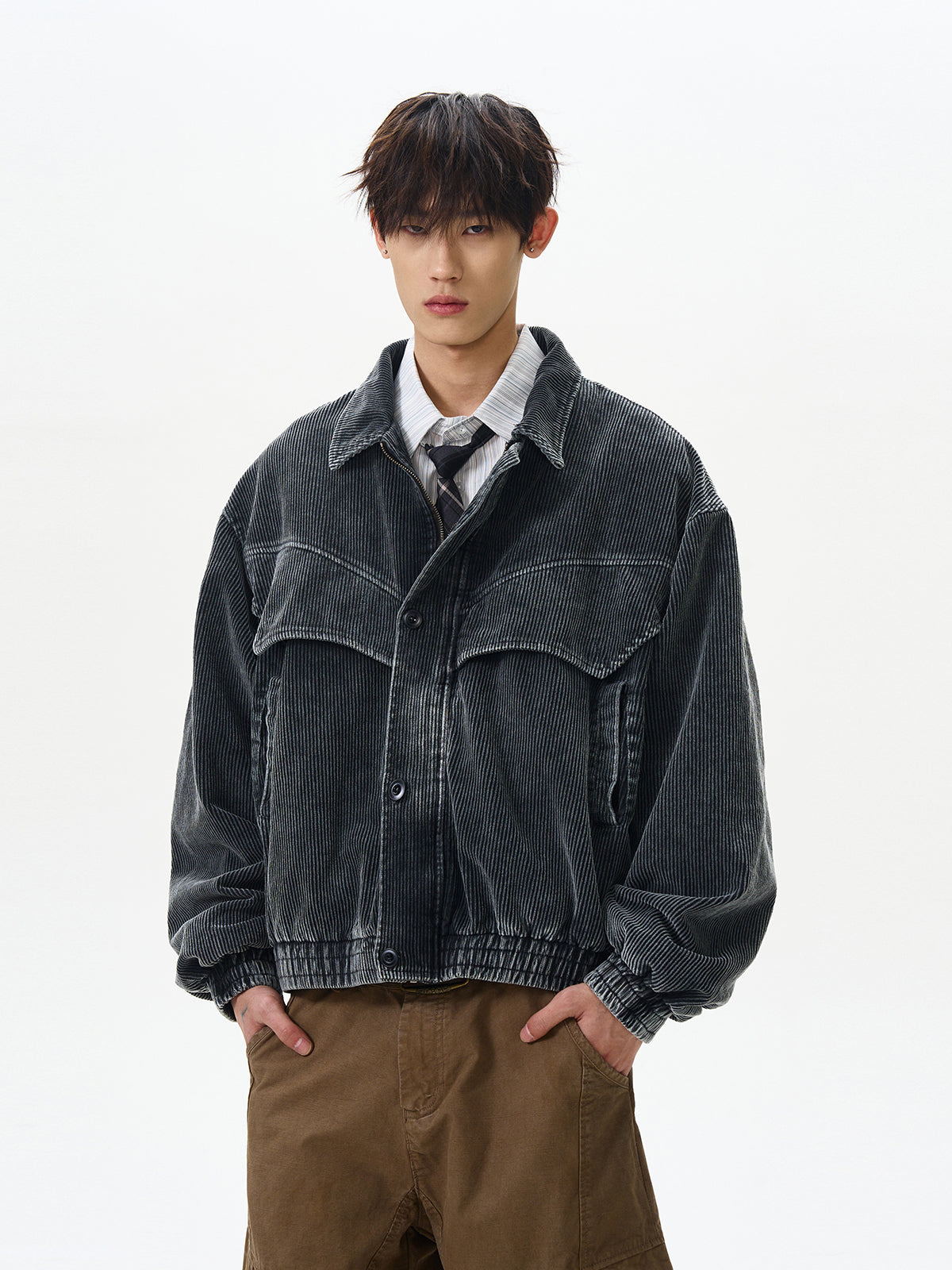 Deconstructed Washed Textured Zip-Up Jacket