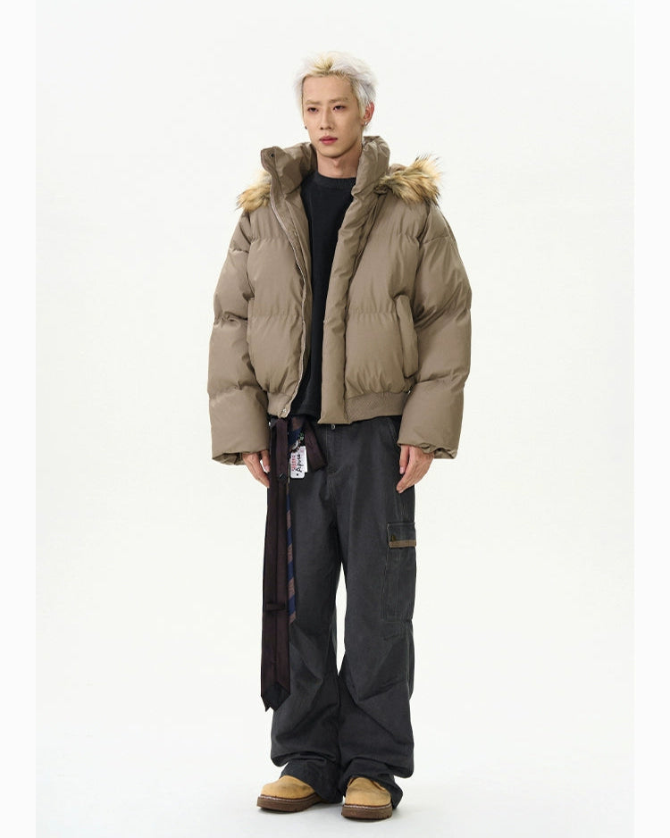 Soft PU Veneer Puffer Jacket Detachable Hood