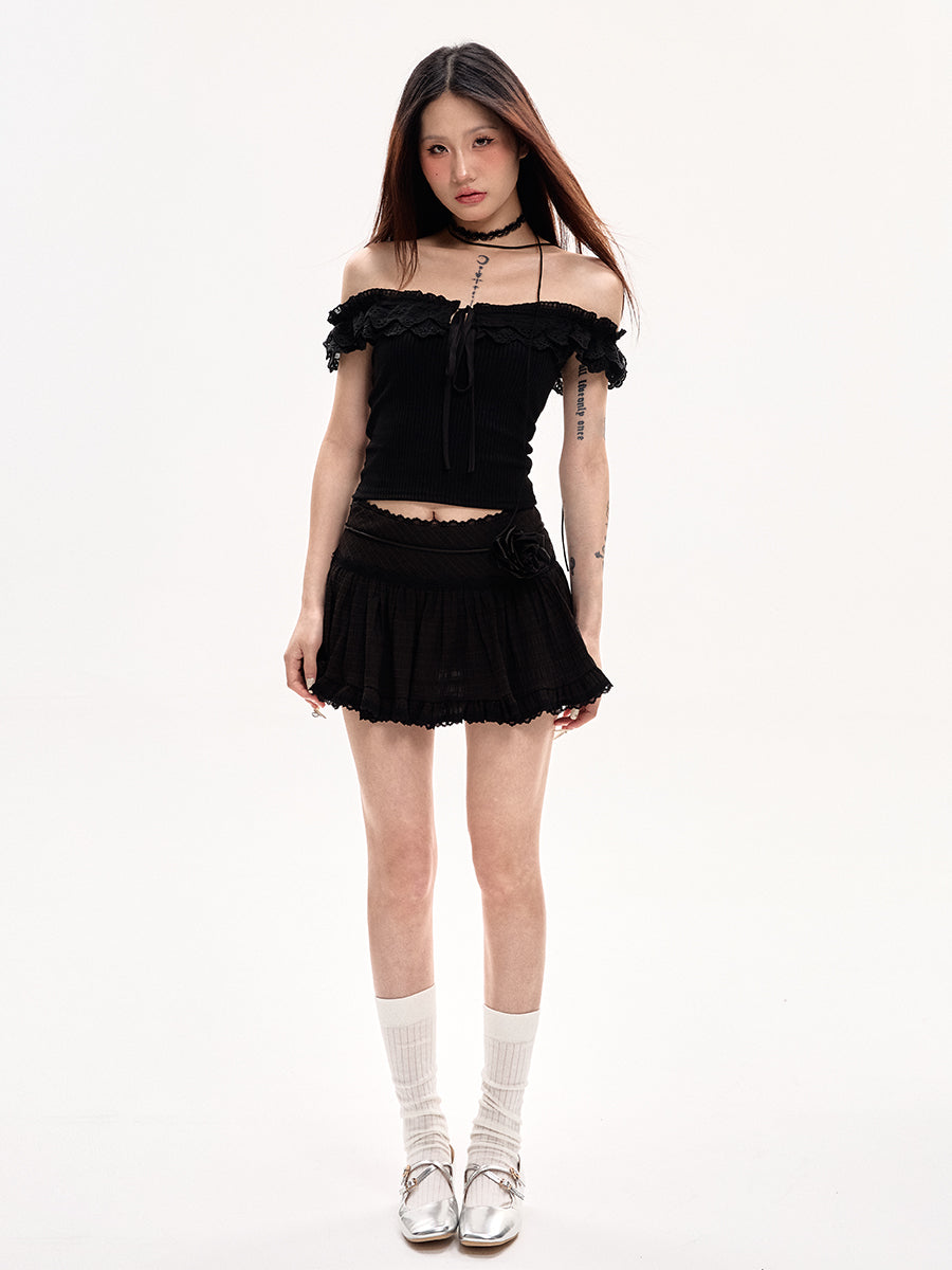 Black Straight Shoulder Short Sleeve Top