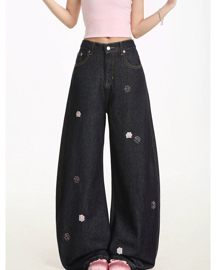 Cat's Paw Embroidered Loose Jeans