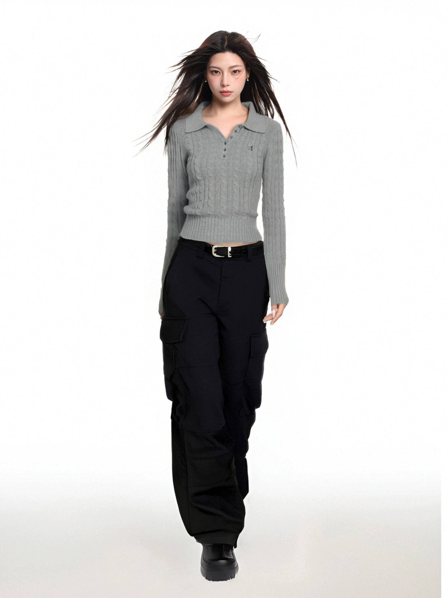 Polo Collar Slim Twist Knit Sweater