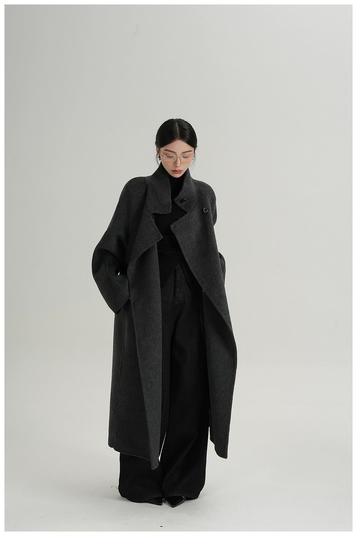 Premium Temperament Stand Collar Grey Long Coat