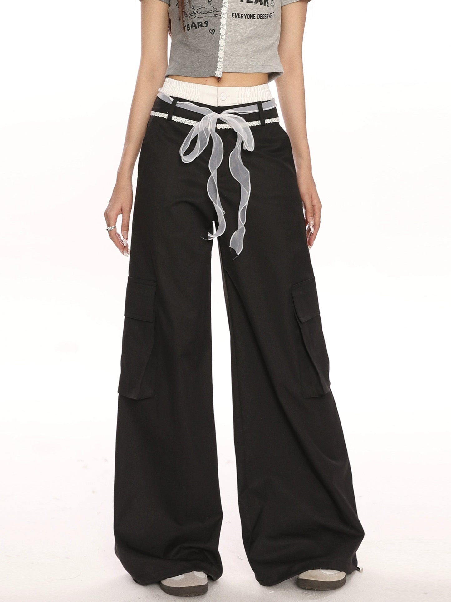 Double Waistband Bow Tie Casual Pants