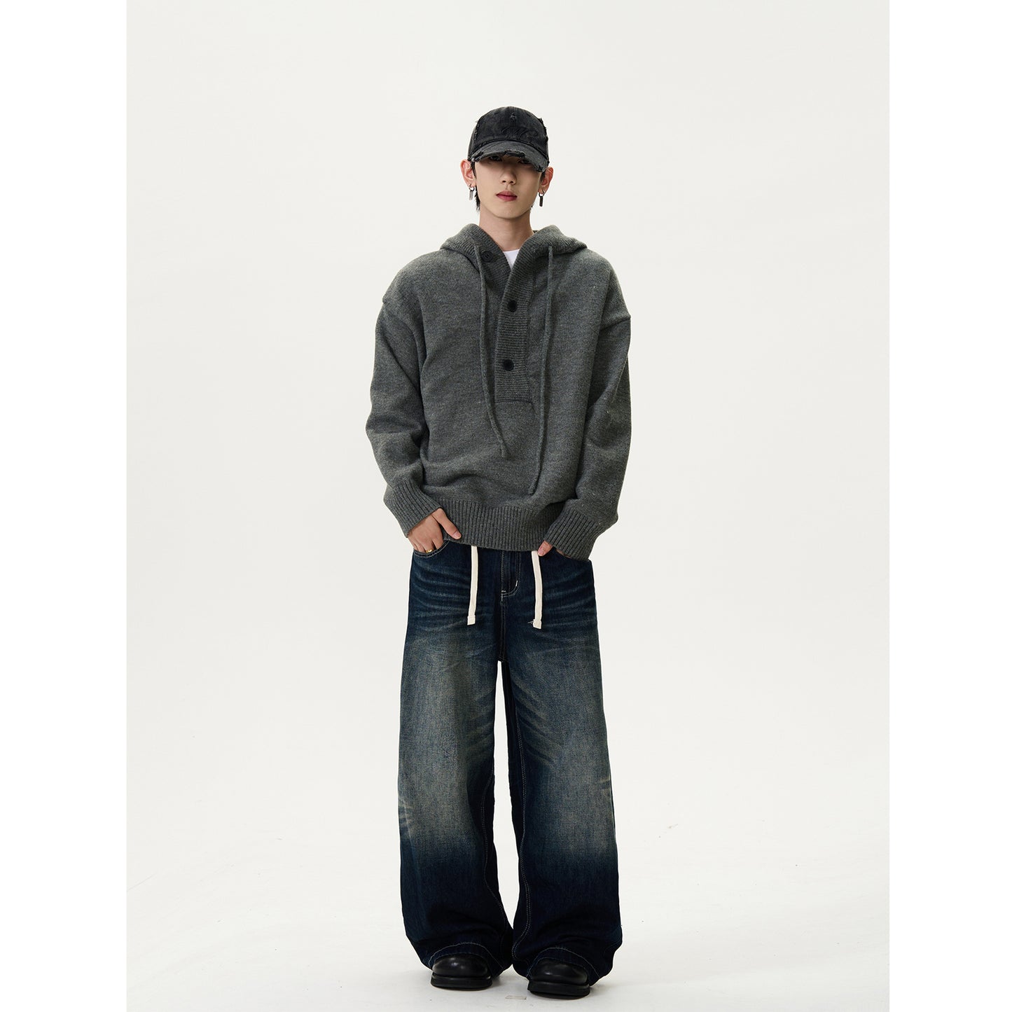 Unisex Half Cardigan Button-Down Hooded Sweater