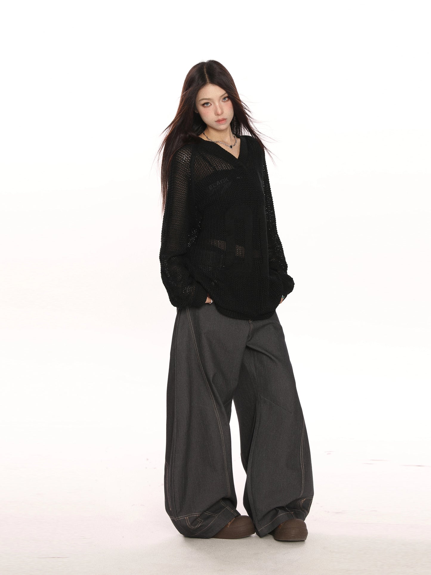 V-neck Cut-Out Knit Sweater Oversize