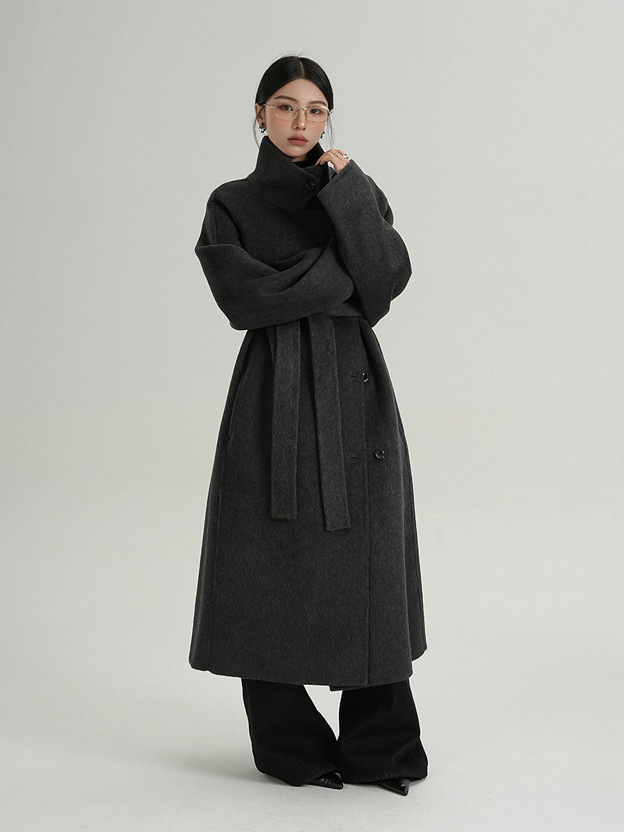 Premium Temperament Stand Collar Grey Long Coat
