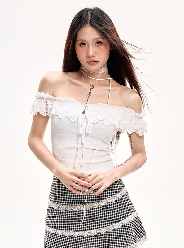 Black Straight Shoulder Short Sleeve Top