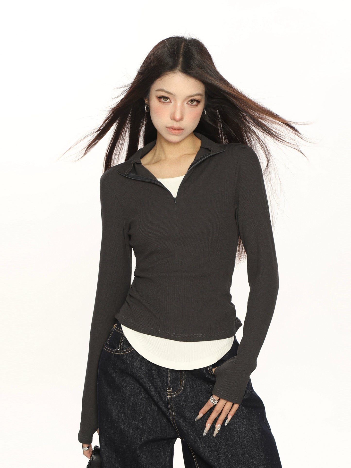 Half-Turtleneck Fake Two Zipper Long Sleeve Top
