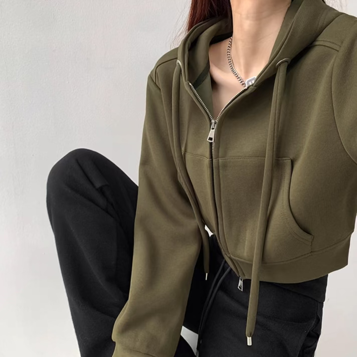Casual Crop Top Zipper Hooded Jacket