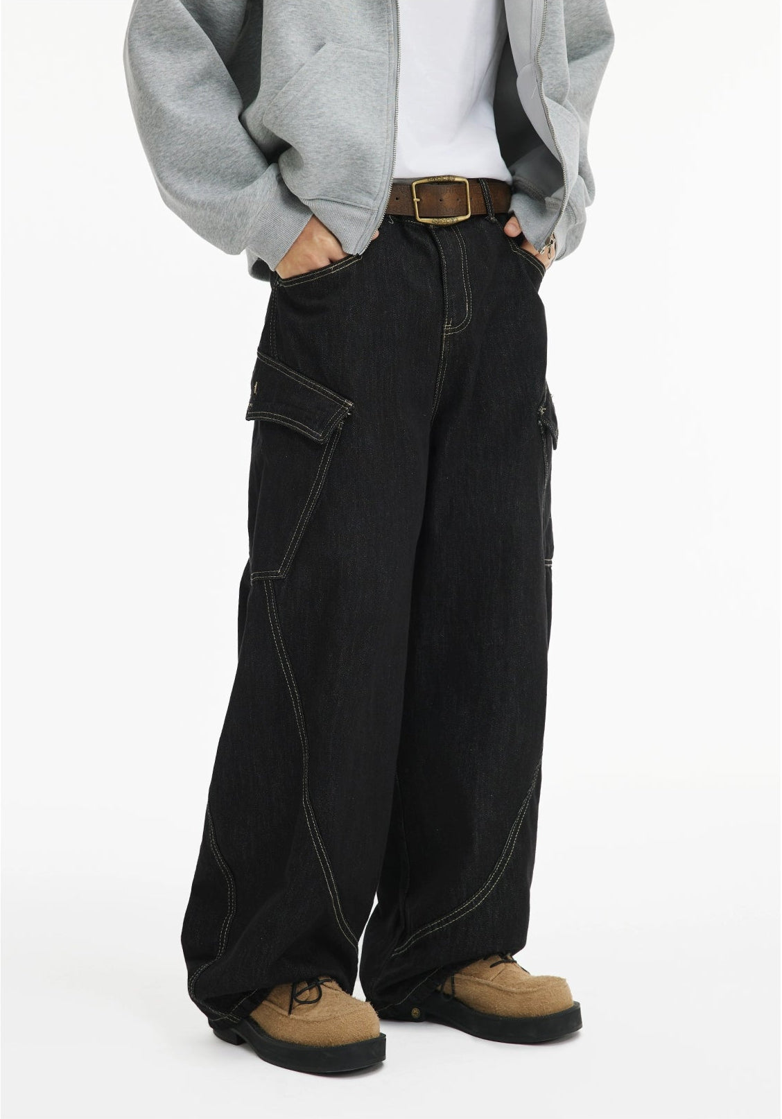 Loose Double Large Side Pocket Wide-Leg Jeans