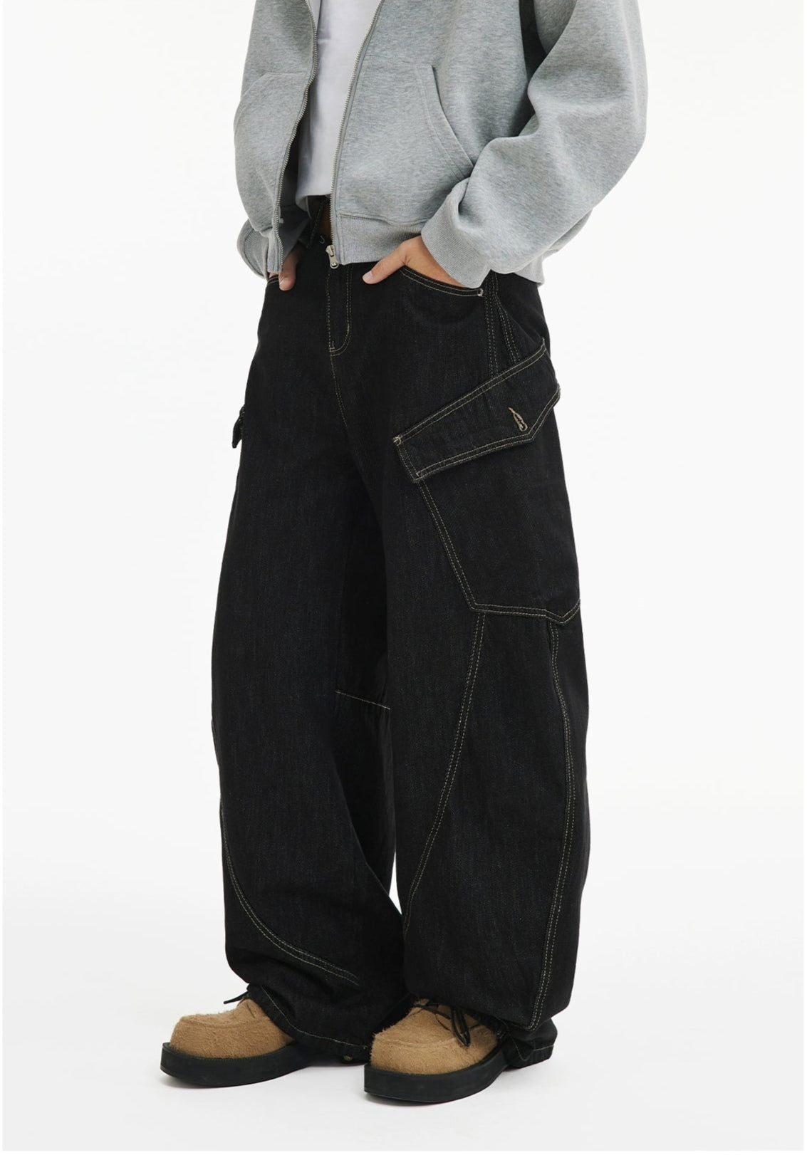 Loose Double Large Side Pocket Wide-Leg Jeans