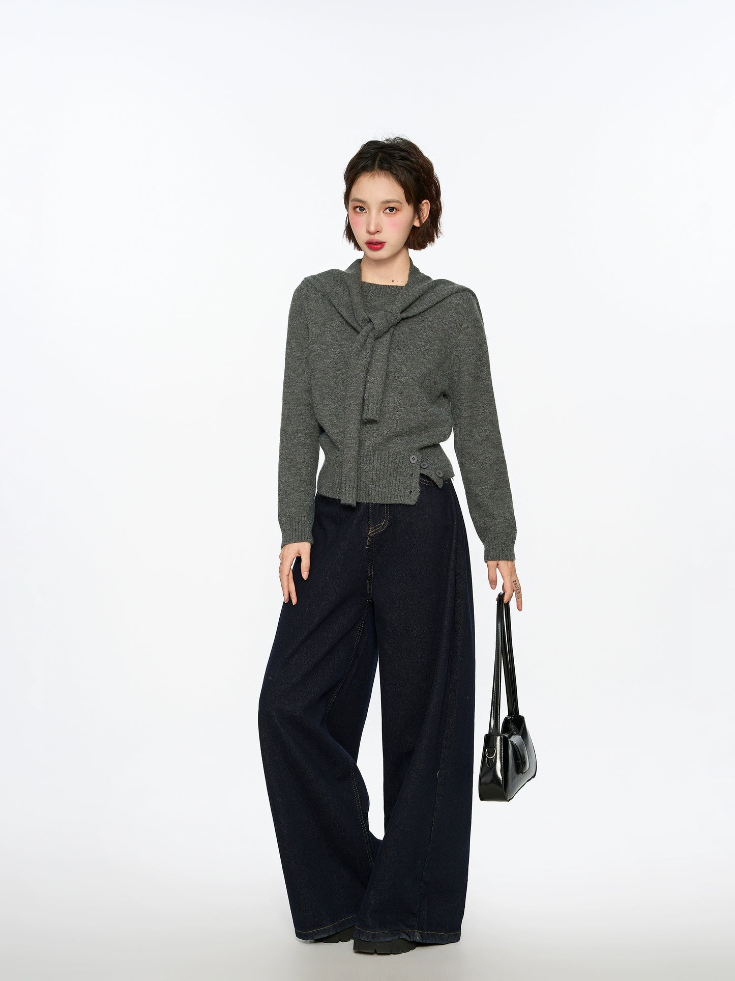 Grey Shoulder Pullover Long-sleeved Sweater