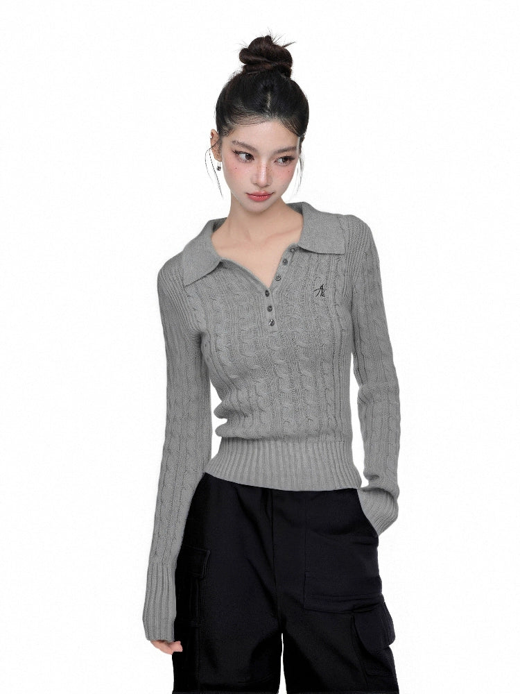 Polo Collar Slim Twist Knit Sweater