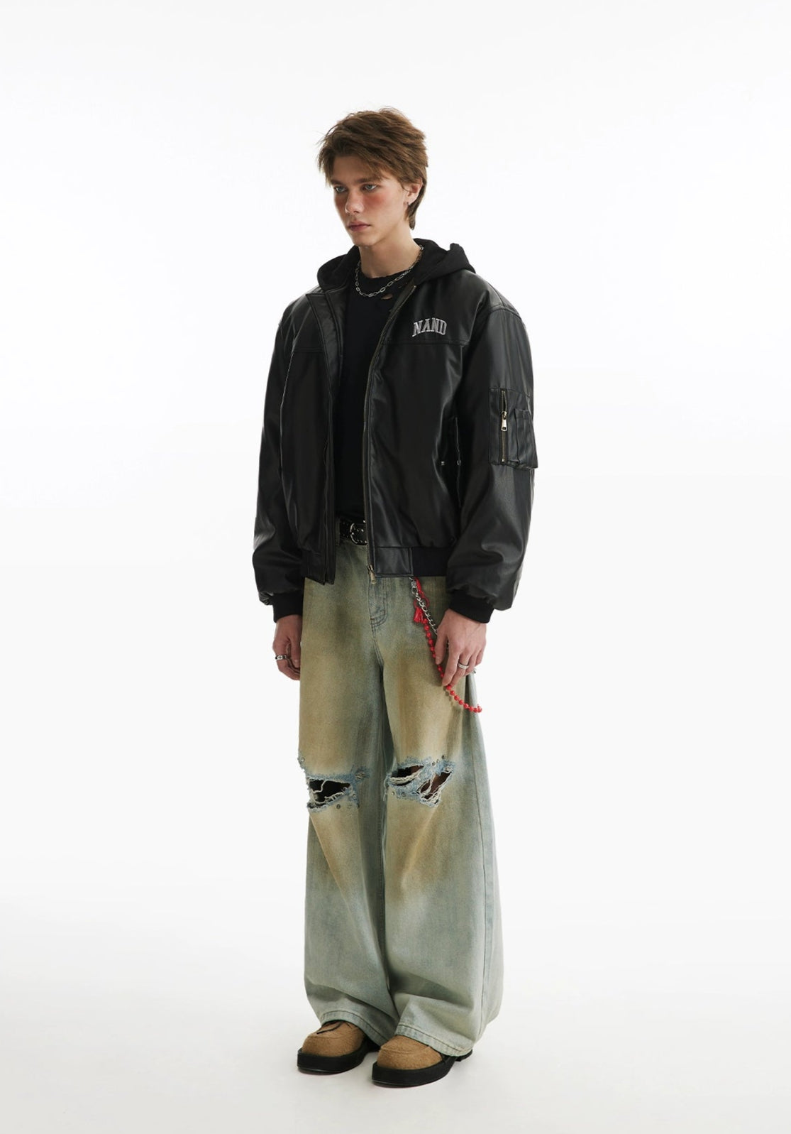 Two Pieces PU Lint Bomber Hooded Jacket