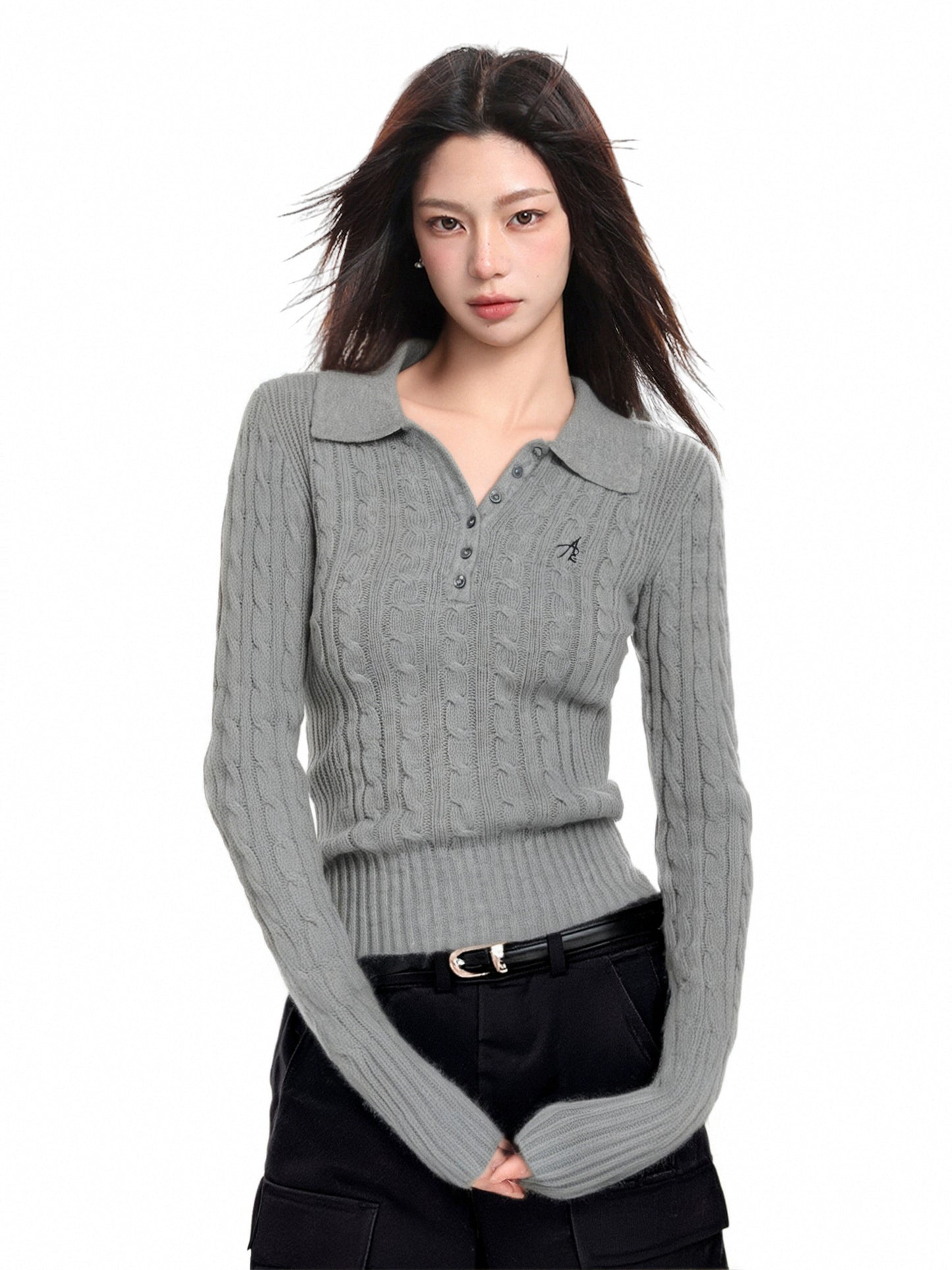 Polo Collar Slim Twist Knit Sweater