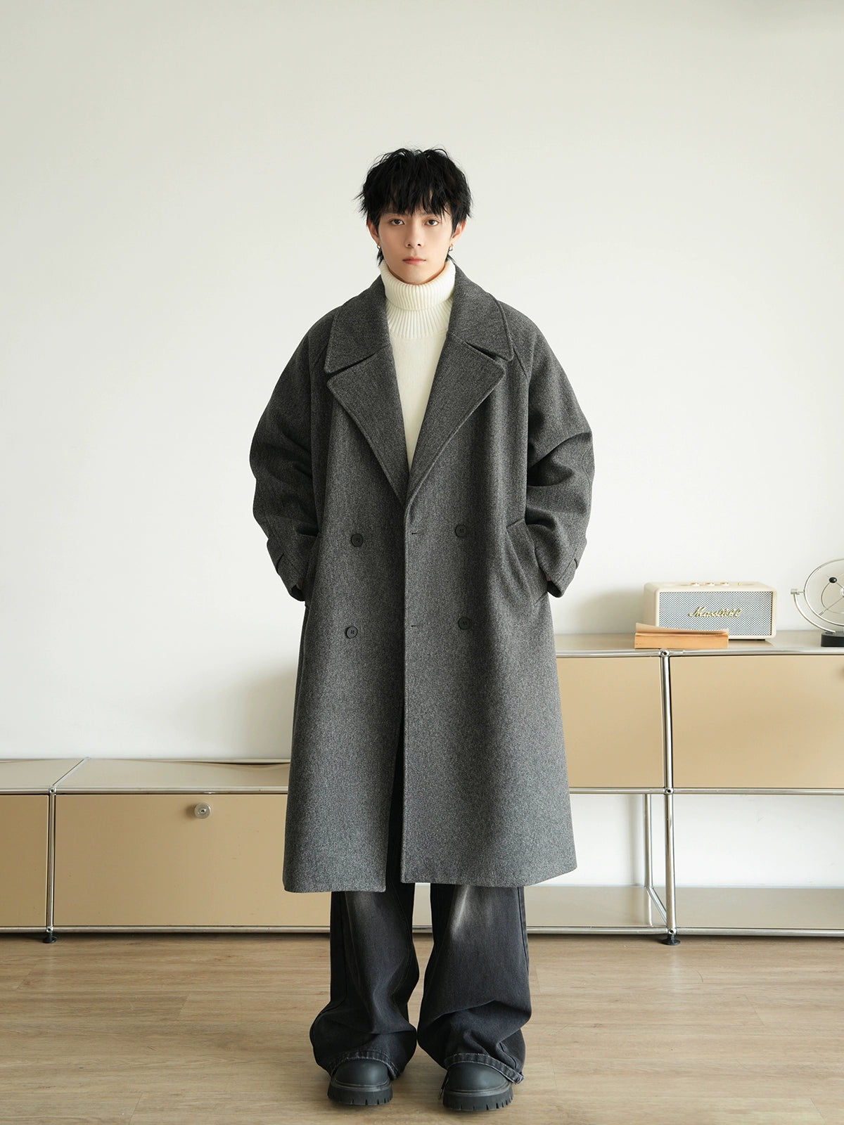 Solid Collar Lapel Woolen Winter Trench Coat